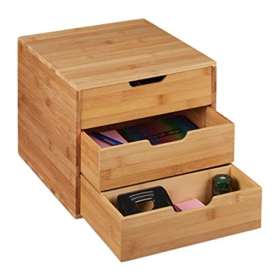 Image of Relaxdays Desk Organiser, 3, Office Supplies, Bamboo Tray, Drawer Box, H x W D 26 30 31 cm, Natural