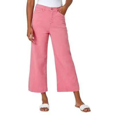 Image of Roman Originials Denim Culottes for Women UK Ladies Cotton Cropped Trouser Wide Leg Jean Stretch Pants Capri 3/4 Length Three Quarter Summer Loose Casual Spring Lounge Pockets Pink Size 18