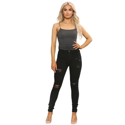 Image of 989Zé ENZO EZL417 Womens Jeans Skinny Stretch Ripped Trousers Ladies Denim Slim Fit Pants with Rips Waist Sizes UK 8 20 (8, Black)