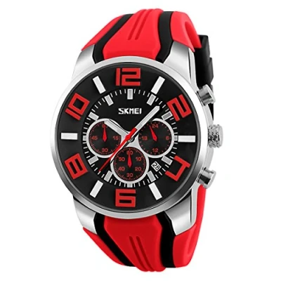 Image of Skmei Mens Big Face Watches YAHE Sports Waterproof Casual Date Calendar Analogue Quartz Wrist Watch with Rubber Band (Red)