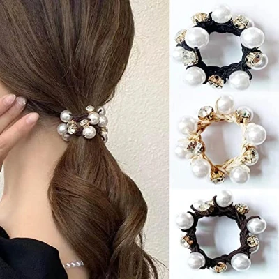 Image of Carufin 3Pcs Hair Ties Elastic Scrunchies Pearl Bands Crystal Ropes Accessories for Women and Girls