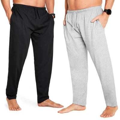 Image of CityComfort Mens Pyjama Bottoms Jersey Lounge Pants with Pockets, Pack of 2 (3XL, Grey/Black, Drawstring Waist)