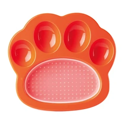 Image of PetDreamHouse Paw 2 In 1 Mini Slow Feeder Dog Bowl &amp; Lick Mat, Fun and Unique Shaped Feeding Dish with an Interchangeable Pad Orange