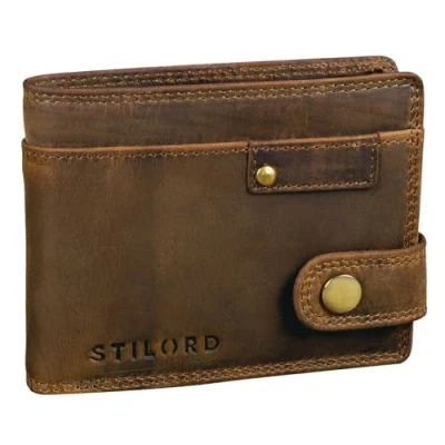 Image of STILORD &#039;Finley&#039; Leather Wallet Men RFID and NFC Protection with Security Button Genuine Cow Hide in Gift Box, Colour:Middle Brown