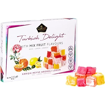 Image of Cerez Pazari Turkish Delight with Rose, Orange and Lemon Mix Flavours 230g, Gourmet Small Size Snacks Gift Box, No Nuts Sweet Confectionery Vegan Soft Candy Dessert Glucose Free Lokum