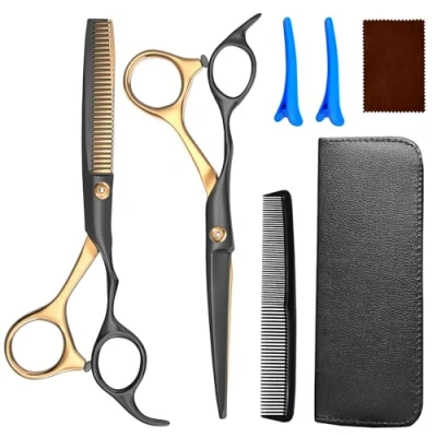 Image of Hairdressing Scissors, Jiasoval 6 Inch Hair Cutting Scissor &amp; Thinning Scissors Hairdressing, Stainless Steel Barber with Leather Cover, Comb, Clip, Professional Salons Shears Set