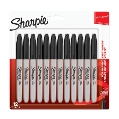 Image of Fine Permanent Marker Pens Black 12 Pack