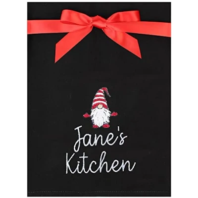 Image of Personalised Gonk Gnome Embroidered Black Cotton Tea Towel