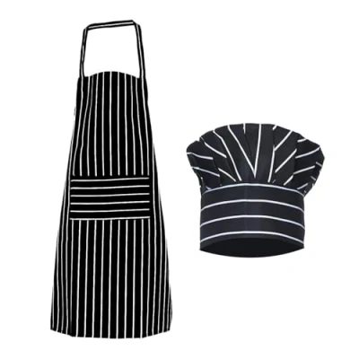 Image of WUFGWBD 1 Piece Black And White Striped Apron, Chef Hat, Cooking Waterproof Oil Proof Coverall, Tie Apron With Pockets, Set, Suitable For Kitchen, Restaurant, Cafe
