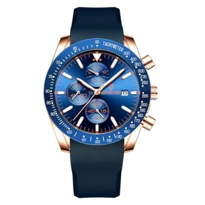 Image of JewelryWe Men Business Quartz Watch: Blue Big Dial Luminous Analog Silicone Perspire Band 30M Waterproof Chronograph Date Casual Wristwatch