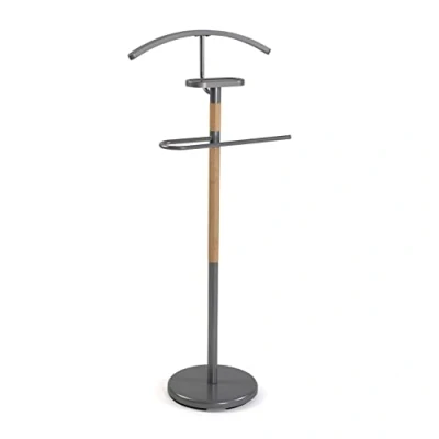 Image of Versa Holstebro Modern Multifunctional Night Stand with 2 Hangers or for Men&#039;s Women&#039;s Clothes, Measures (H x L W) 112 28.7 46.5 cm, Metal and Wood, Grey