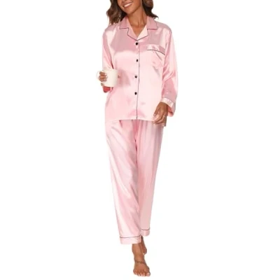 Image of Reliwel Women&#039;s Pyjama Set Silk Satin Long Sleeve Button Down Ladies Pyjamas two Piece Pjs for Women Sets Sleepwear Loungewear Nightwear Fall Winter S XXL Pink