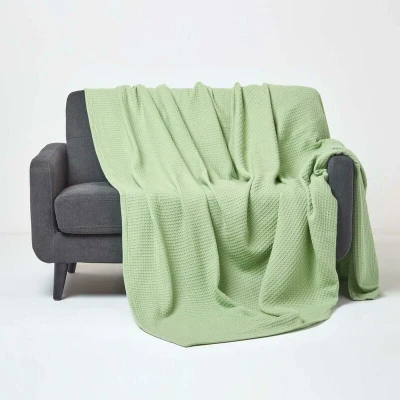 Image of HOMESCAPES 100% Organic Cotton Waffle Blanket Sage Green Super King Bed Size 280 x 230 cm Soft Combed Throw