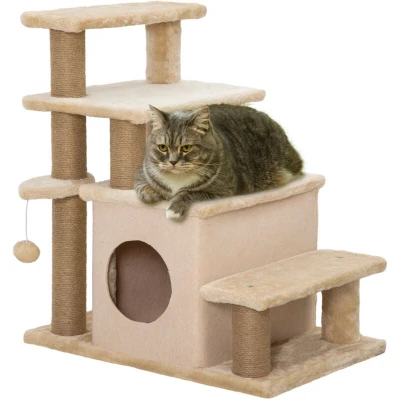 Image of PawHut Dog Steps for Bed, 4 Step Pet Stairs with Cat House, Detachable Cover, Sisal Scratching Post, Climb ladder Sofa w/Hanging Balls Beige