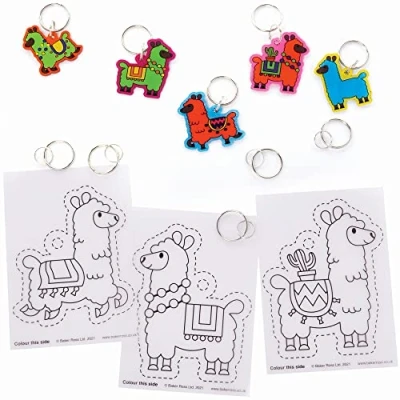 Image of Baker Ross Llama Super Shrink Keyrings Pack of 10, Animal Key Rings for Kids to Colour in (FC409), Assorted
