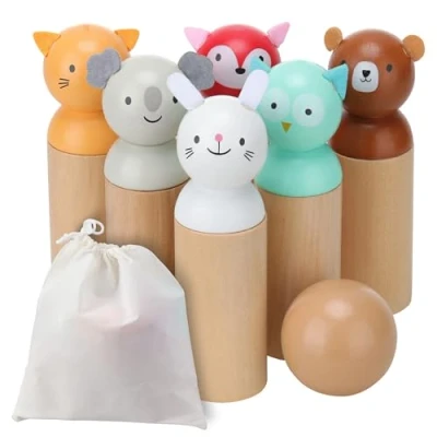 Image of Navaris Wooden Skittles for Toddlers Wood Bowling Set with Cute Animal Design Ideal Indoor/Outdoor Play Suitable 18m+ Children Kids Garden Toys