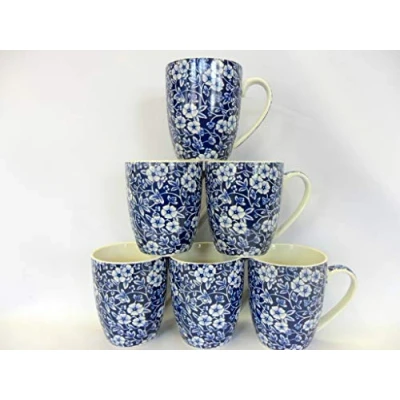 Image of Heron Cross Pottery &quot;Abbeydale Collection&quot; Set of 6 Aspen China Mugs in Blue Victorian Calico design.