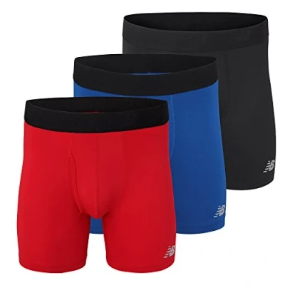 Image of New Balance Men&#039;s 6&quot; Boxer Brief Trunk Underpants Fly Front with Pouch, 3 Pack,Black/Team Red/Team Blue, Large (36&quot; 38&quot;)