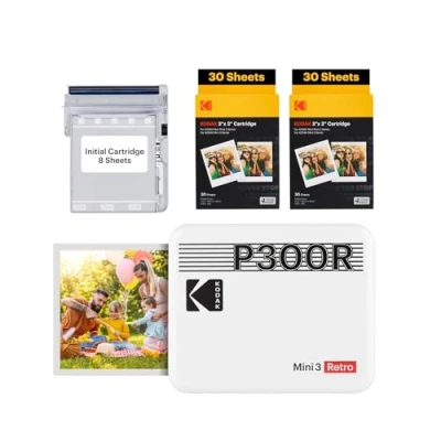 Image of KODAK Mini 3 Retro 4PASS Portable Photo Printer (7.5 x 7.5 cm) + Pack of 68 Sheets, White