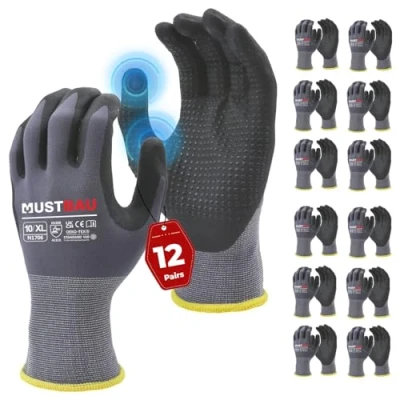 Image of Mustbau 12 Pairs Safety Work Gloves Breathable Nitrile Coated Gloves,Knit Nylon Protective Gloves,Abrasion,Dexterity, Touch Screen, for Most Kinds of Jobs XL