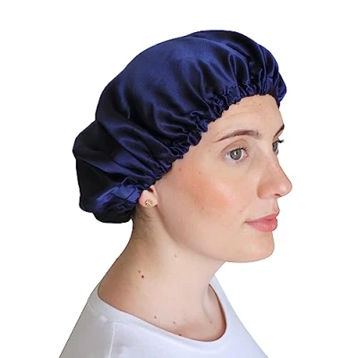 Image of Jasmine Silk 100% Pure Mulberry Sleep Cap Bonnet (Navy)