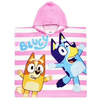 Image of Bluey Girls Swimming Hooded Towel Poncho Bath Hoodie Cover Up (Bluey Pink, One Size)