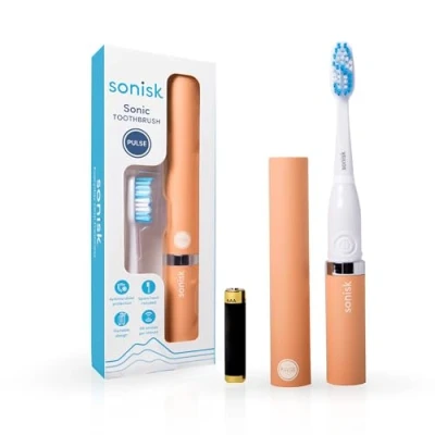 Image of Sonisk Pulse Battery Powered Electric Toothbrush Portable Travel Size with Antimicrobial Sonic Technology 1x Battery, 2X Brush Heads, Case Included (Peachy Peach)