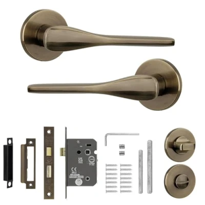 Image of Decoranddecor Antique Brass Door Handles Internal Aluminium Handle Sets for Interior Doors With Bathroom Lock and Turn Release Verita Range