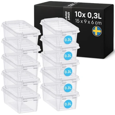 Image of SmartStore 0.3L Small Plastic Storage Boxes with Lids Set of 10 Transparent Stackable and Nestable Year Guarantee Food Safe BPA Free Clip Locked L15 x W9 H6 cm