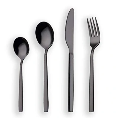 Image of Berglander 24 Piece Titanium Black Plated Stainless Steel Cutlery Set, Pieces Flatware Silverware Service for 6 (shiny Black)