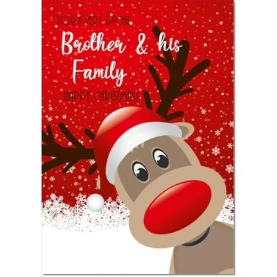 Image of doodlecards Brother and Family Christmas Card Rudolph in Snow Medium Size for &amp; with Plain Envelope