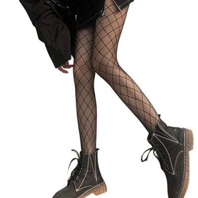 Image of Black Fishnet Stockings Nylon Tights Hosiery Plaid Jacquard Mesh Pantyhose for Women