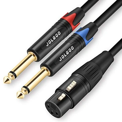 Image of JOLGOO XLR Female to Dual 1/4&quot; TS Mono Y Splitter Microphone Cable, 6.35mm Adapter Cord, 2 Meters