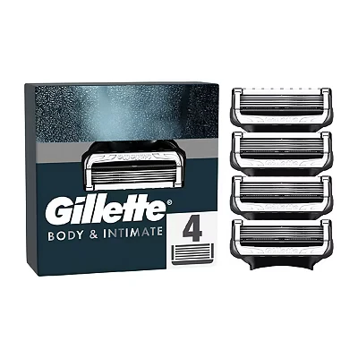Image of Gillette Body and Intimate Razor Blades Men, 4 Blade Refills with Lubrastrip, Formulated for Pubic Hair, Gentle Easy to Use, Dermatologist Tested