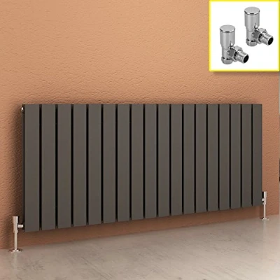 Image of 600 x 1360 mm Anthracite Column Radiator Horizontal Double Flat Panel Designer with Angled Valves