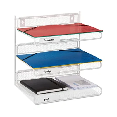 Image of Relaxdays Document Tray, 3 Compartments, Wall Mountable, Office, H x W D: 32 33 24.5 cm, Mesh Style, Metal, White, Steel, 24,5 cm