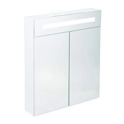 Image of led Mirror Cabinet, 2 Doors, 3 Compartments, Power Socket, Wall Shelf, Steel h x w d: 67 60 12 cm, White Relaxdays
