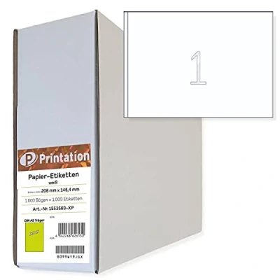 Image of Printation Shipping Labels A5 1000 Stickers 210 x 148.5 mm Blank White Self Adhesive Sheets Big Pack 1 Label per Sheet 1x1 Sticky / Postage 6135 8690