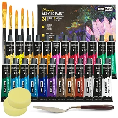 Image of Acrylic paint set 24 x 22ml Perfect for Canvas, Wood, Ceramic, Rock, Fabric &amp; Crafts. Non Toxic, Quick Dry Vibrant Colours. Rich Pigments, Lasting Qualit…
