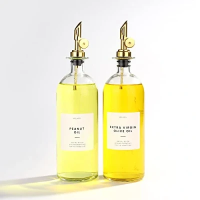 Image of Molimoli Moilmoli Oil and Vinegar Dispenser with Metal Pour Spout, Weighted Pourer, Glass Bottle for Kitchen, Olive Cruet, 500ml, Set of 2, Gold,gold…