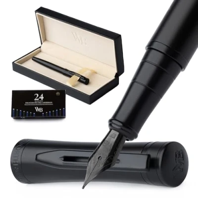 Image of Wordsworth &amp; Black Fountain Pen Set, Extra Fine Nib, Includes 24 Pack Ink Cartridges, Refill Converter Gift Box, Calligraphy, [All Black], Perfect for Men Women