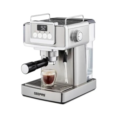 Image of GEEPAS Espresso Coffee Machine with Milk Frother, 20 Bar Pressure 1.8L Detachable Water Tank, Stainless Steel Housing 1465W, Grey