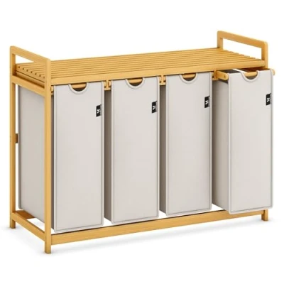 Image of AdelDream Laundry Basket 200L 4 Compartments Extendable And Detachable Bag Bamboo Gray 06 20