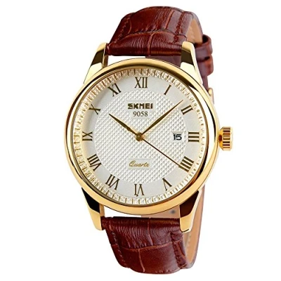 Image of SKMEI Business Men’s Quartz Wristwatches Roman Numeral Leather Band Casual Water Resist Analog Watches, Brown+Gold, classic
