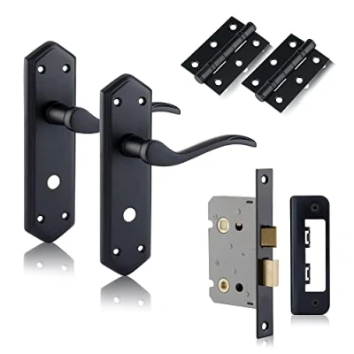 Image of XFORT Black Beauty Range Matt London Suite Bathroom Pack, Complete Set with Handles, 65mm Mortice Lock and 75mm Ball Bearing Hinges, for Internal Wooden Doors