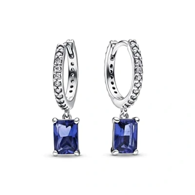 Image of Pandora Timeless Sparkling Sterling silver rectangular hoop earrings with princess blue crystal and clear cubic zirconia