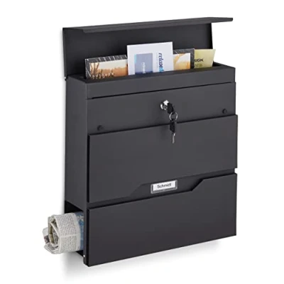 Image of Relaxdays Letterbox, Mailbox Newspaper Compartment and Nametag, HWD 37x37x11 cm, 2 Keys, Steel, Modern Design, Black, Alloy, 1 Piece