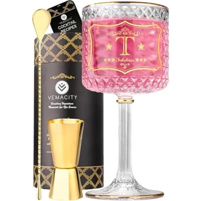 Image of Vemacity Personalised Gin Glass with Gold Rims + Your Choice of Initial (T) Large Glasses for Women Cocktail Spoon &amp; Jigger Recipe PDF Ideal Aperol Spritz Glass/Wine