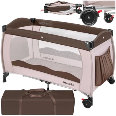 Image of TecTake Travel Cot, Sleep and Play, 126 x 65 cm, Portable Baby Bed from Birth up to 25kg, Lightweight, Compact Folding, Inclusive Carry Bag, Padded Mat