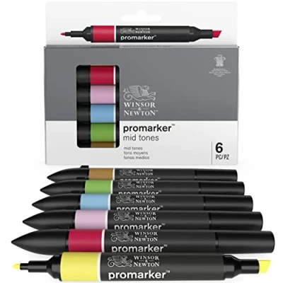 Image of Winsor &amp; Newton, Promarker, Mid Tones, Set of 6, Alcohol Based Dual Tip Markers